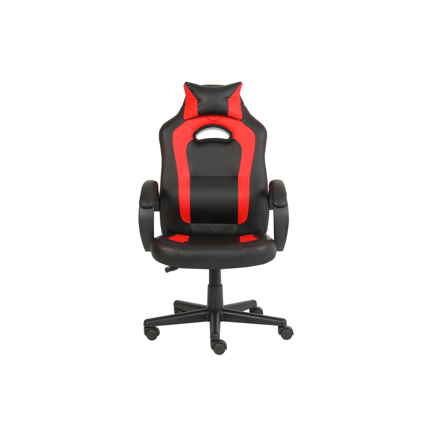 Black and red gaming chair on a black background.