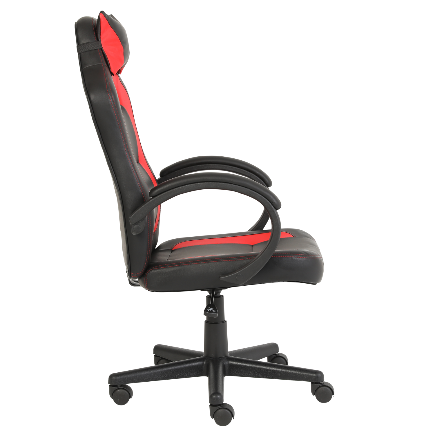 Gaming chair from the side. Black with red accents. Has wheels, a headrest, and armrests.