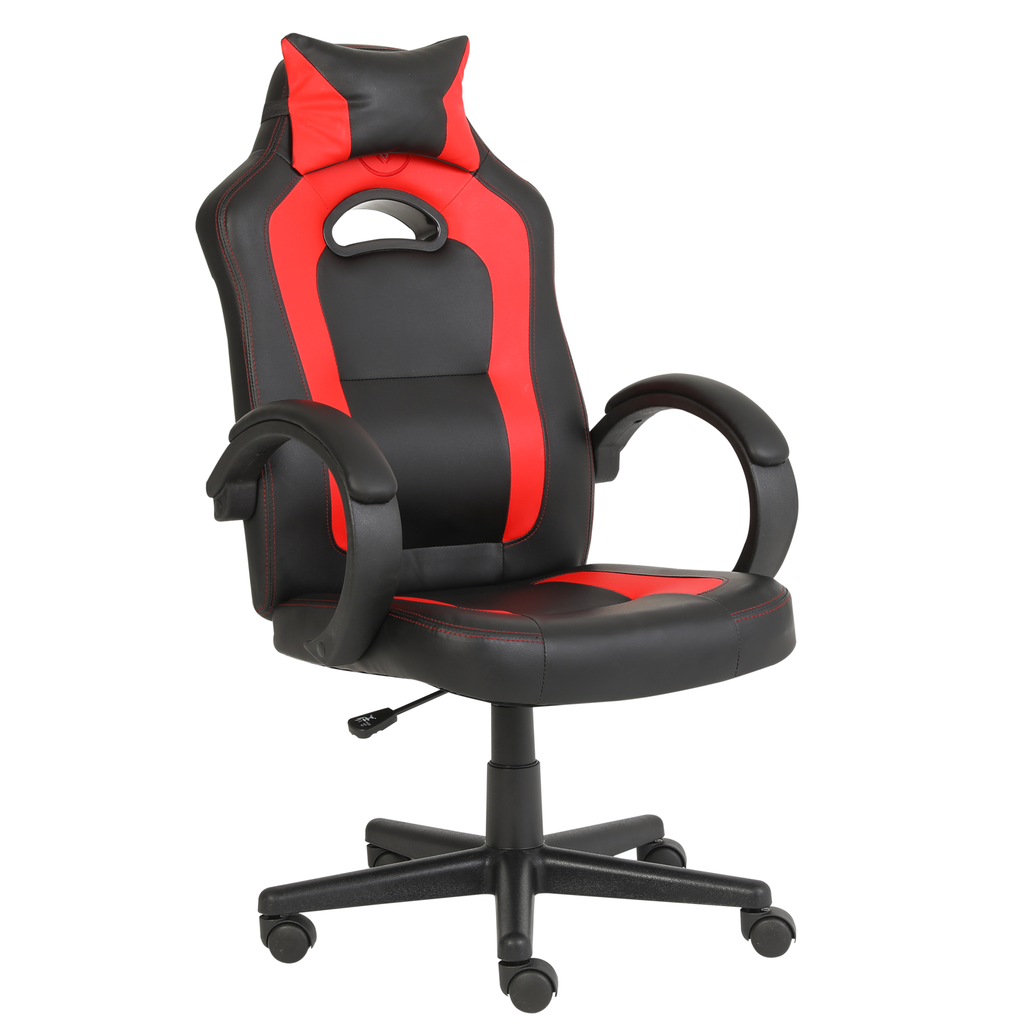 Gaming chair in black and red. Features a headrest, back support and armrests.
