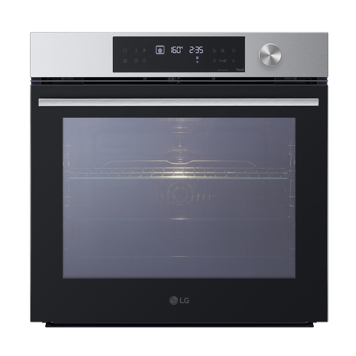 Una vista frontale di un forno LG nero con display digitale, su sfondo chiaro.