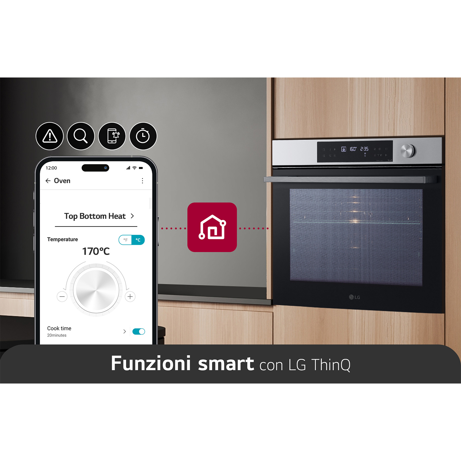 Interfaccia forno intelligente su telefono, accanto a forno a incasso.