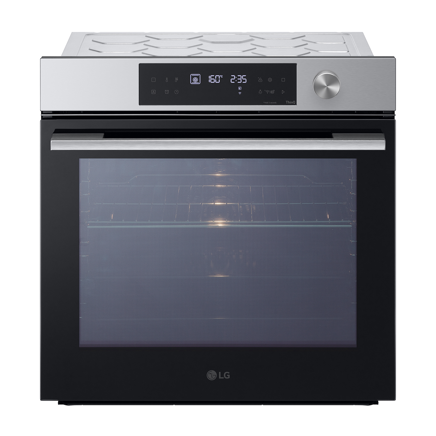 Un forno con display digitale e porta. Design argento e nero. Marchio LG visibile.