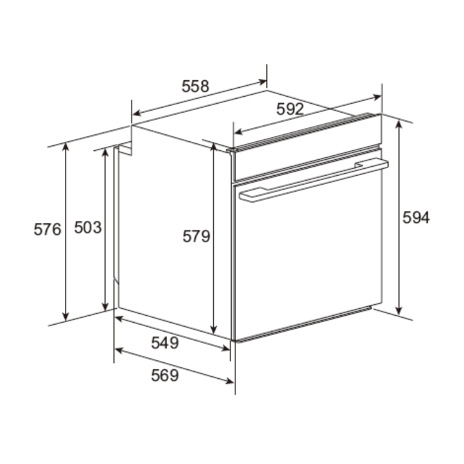 Un diagramma di un forno a incasso con dimensioni espresse in millimetri.