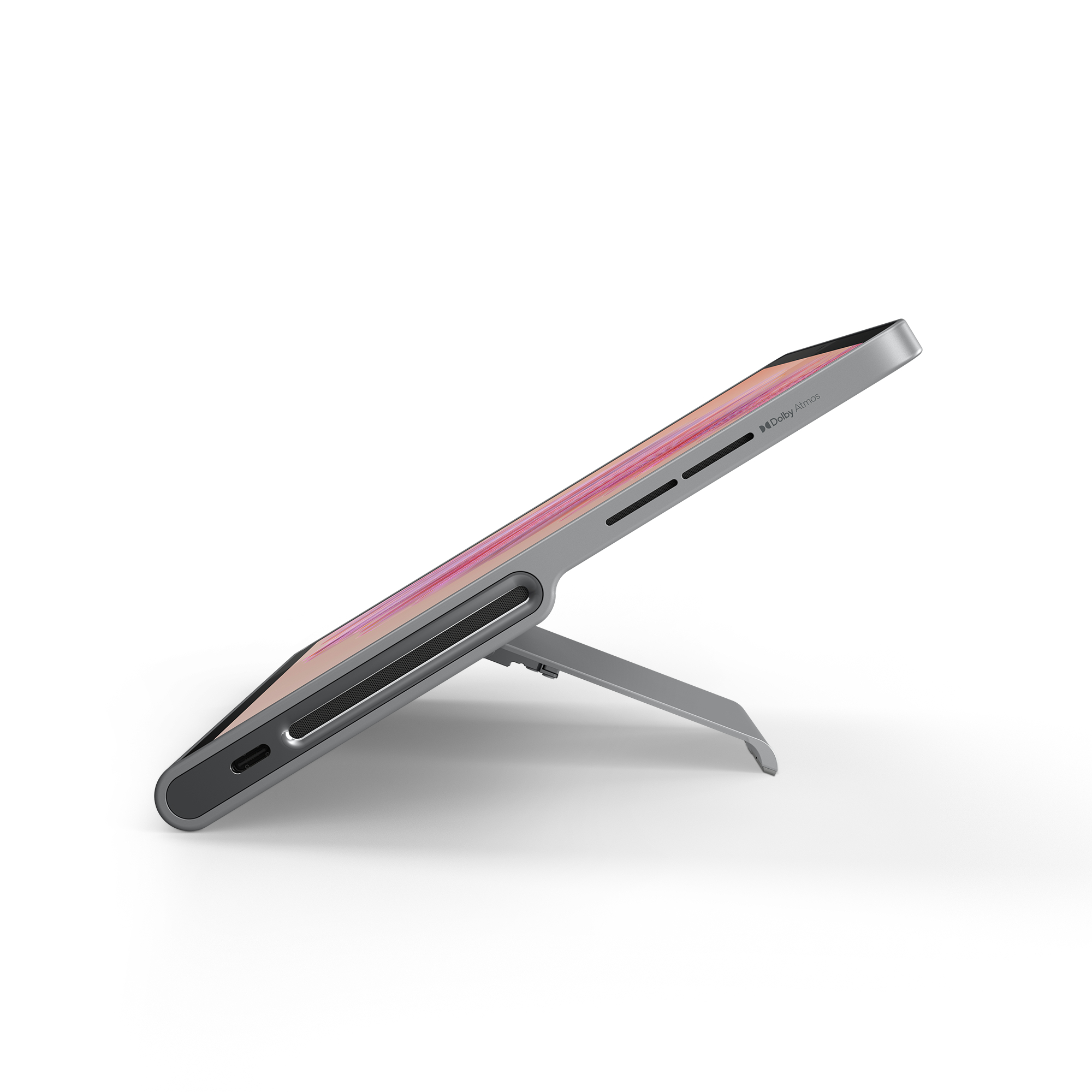 Ein Tablet mit silbernem Ständer, von der Seite betrachtet, isoliert auf Weiß.