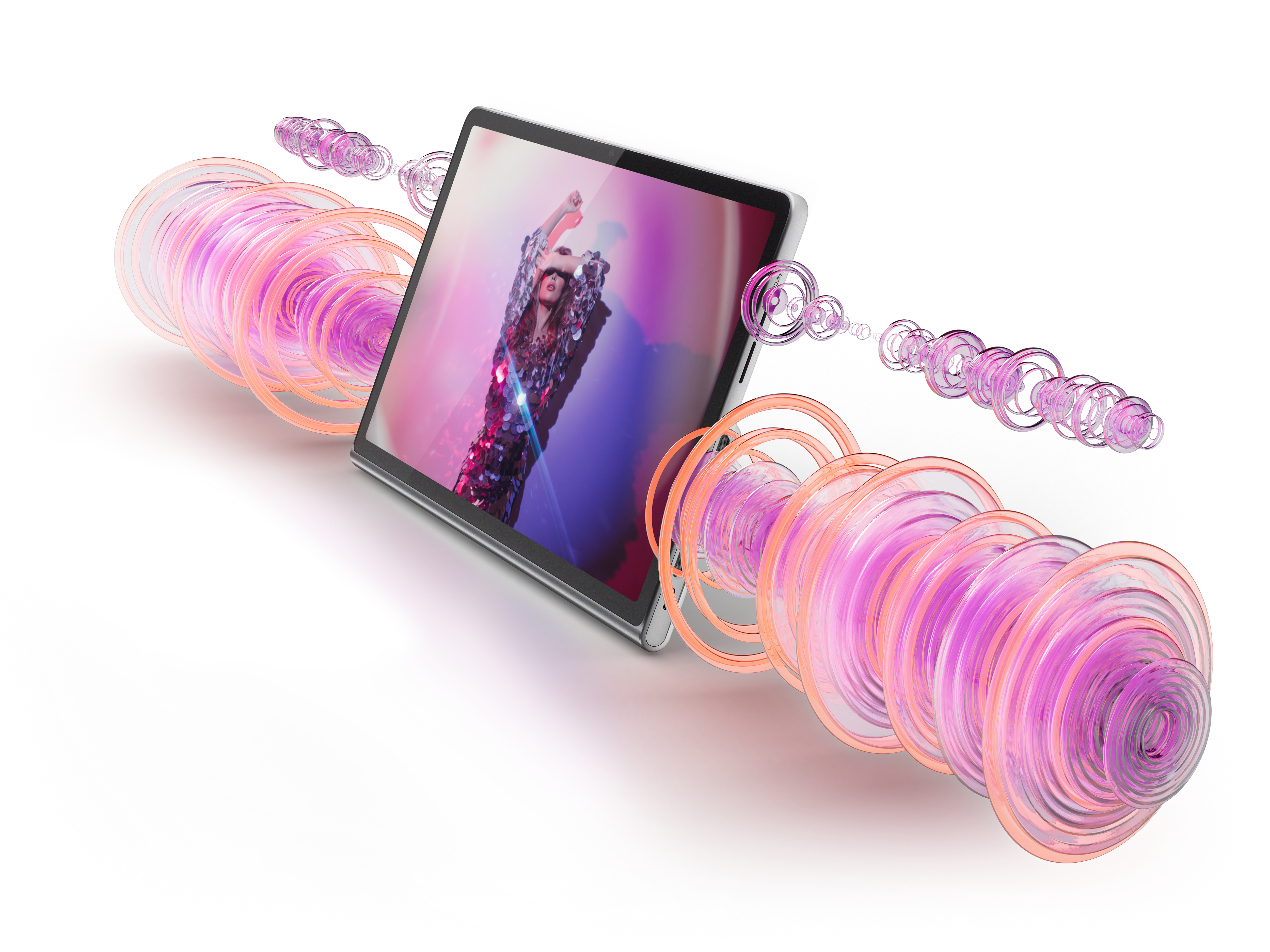 Tablet mit Frauenbild, umgeben von pinken Kreisen auf weißem Hintergrund.