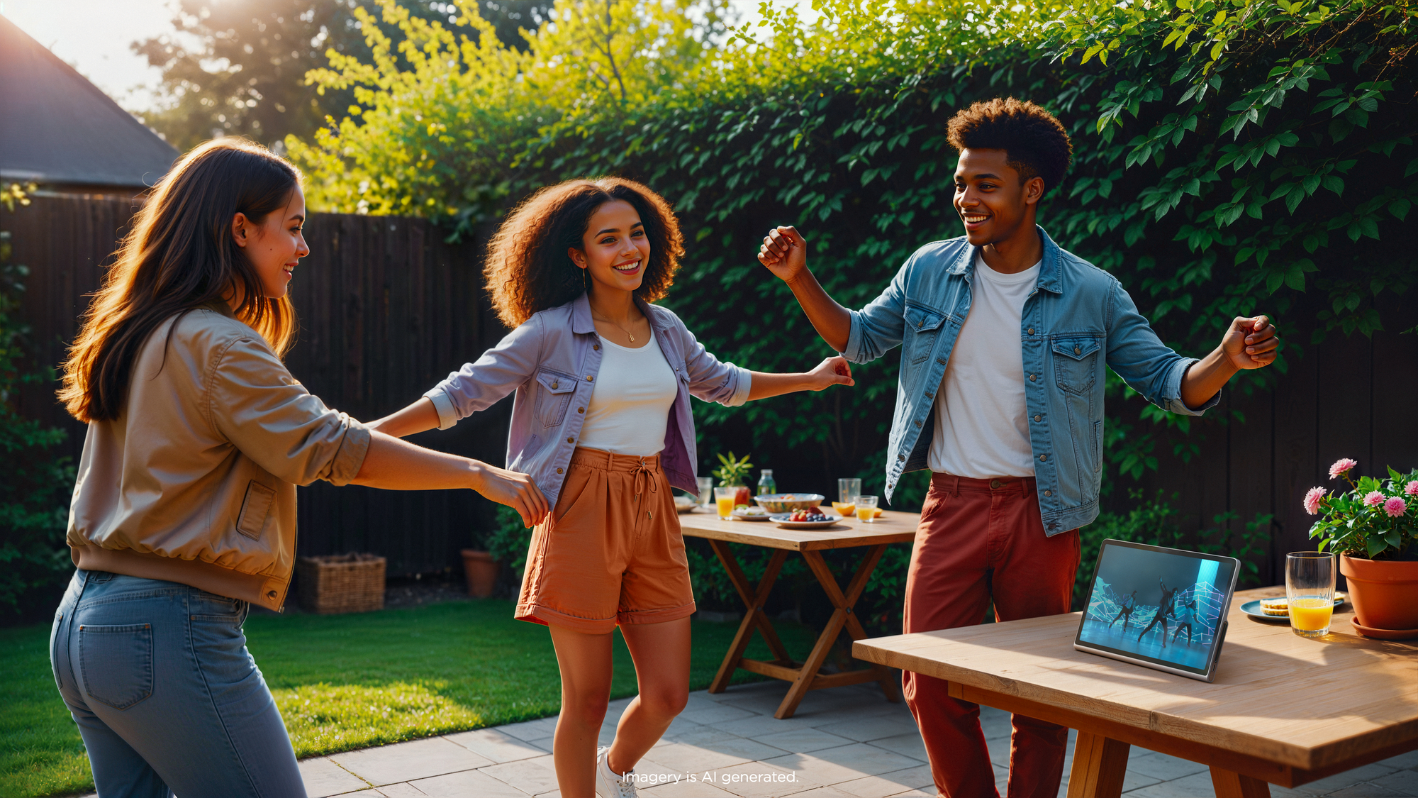 Drei Personen tanzen im grünen Garten, halten Hände, vor einem Tisch mit Essen.