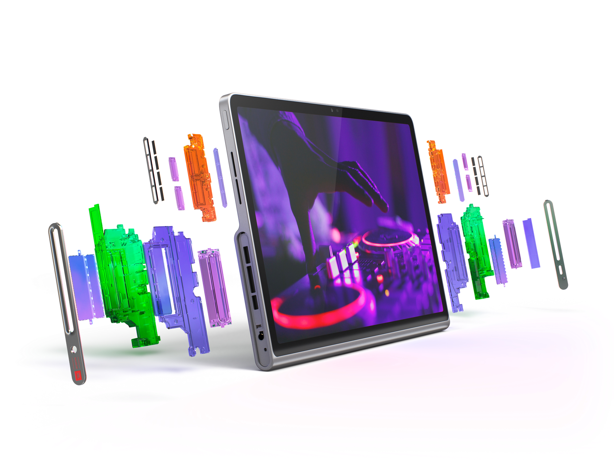 Tablet mit DJ-Oberfläche auf dem Bildschirm. Teile des Tablets sind dekonstruiert dargestellt.