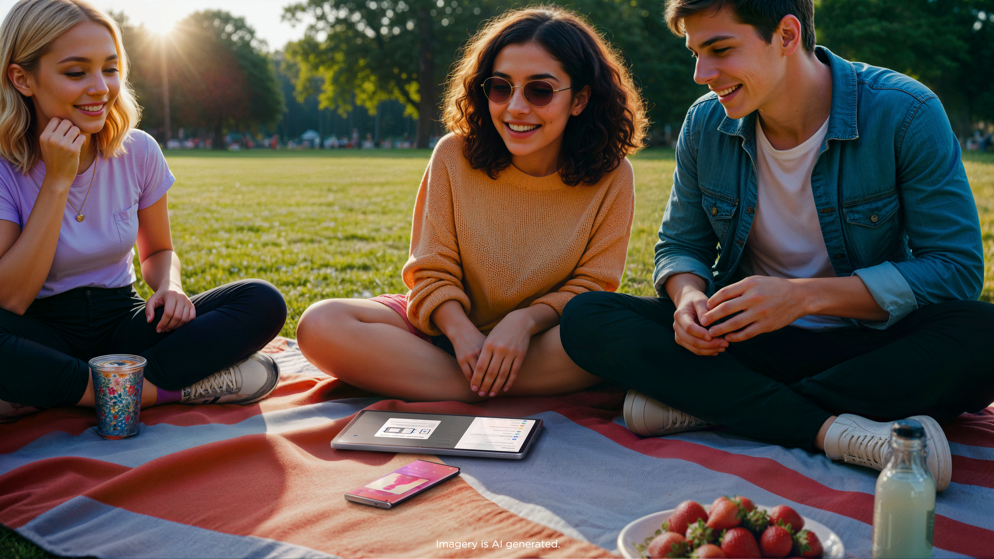 Drei Personen sitzen auf einer Picknickdecke, mit Tablet, Telefon und Essen.