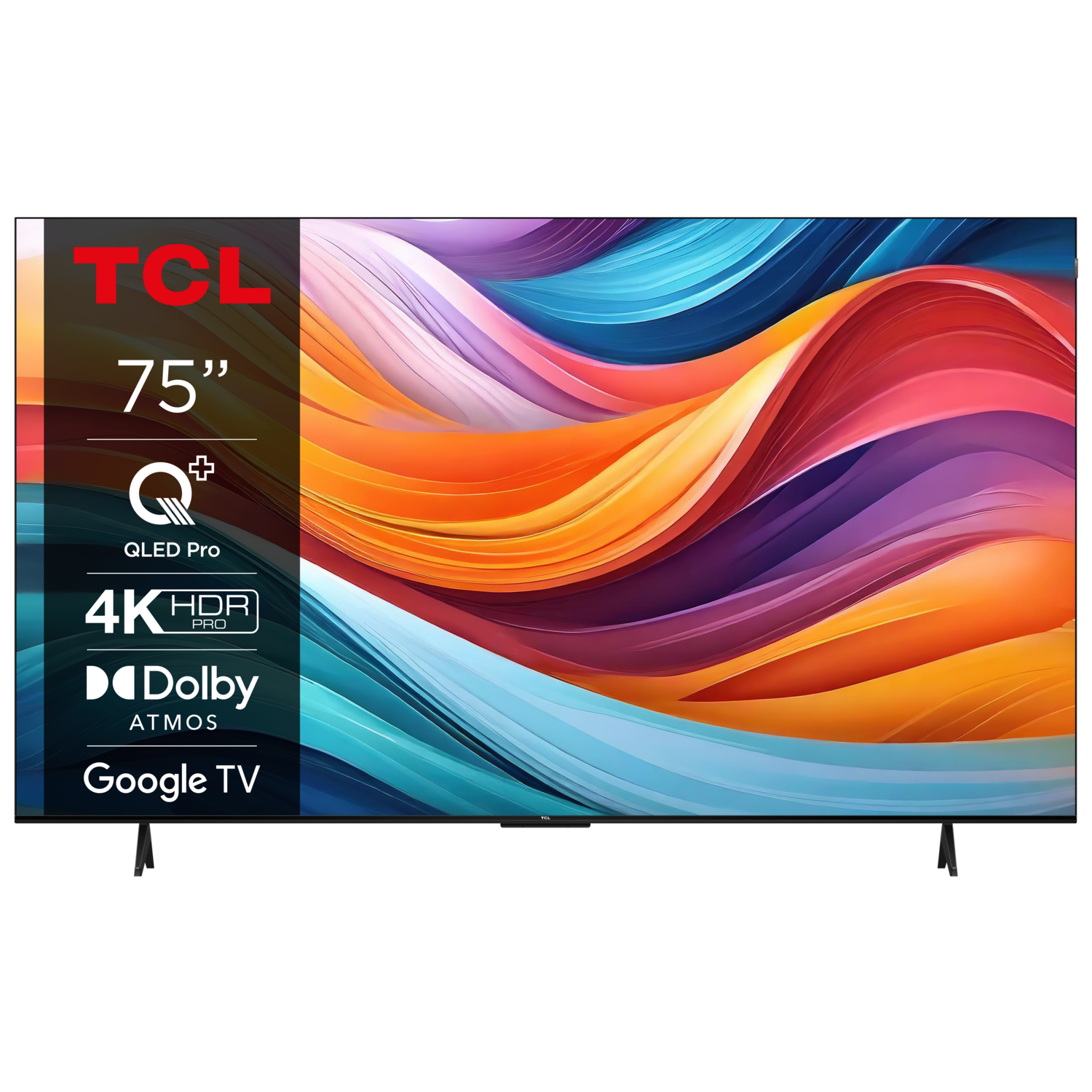 TCL 75" TV met kleurrijk display. Tekst bevat 'QLED Pro', '4K HDR Pro' en 'Google TV'.