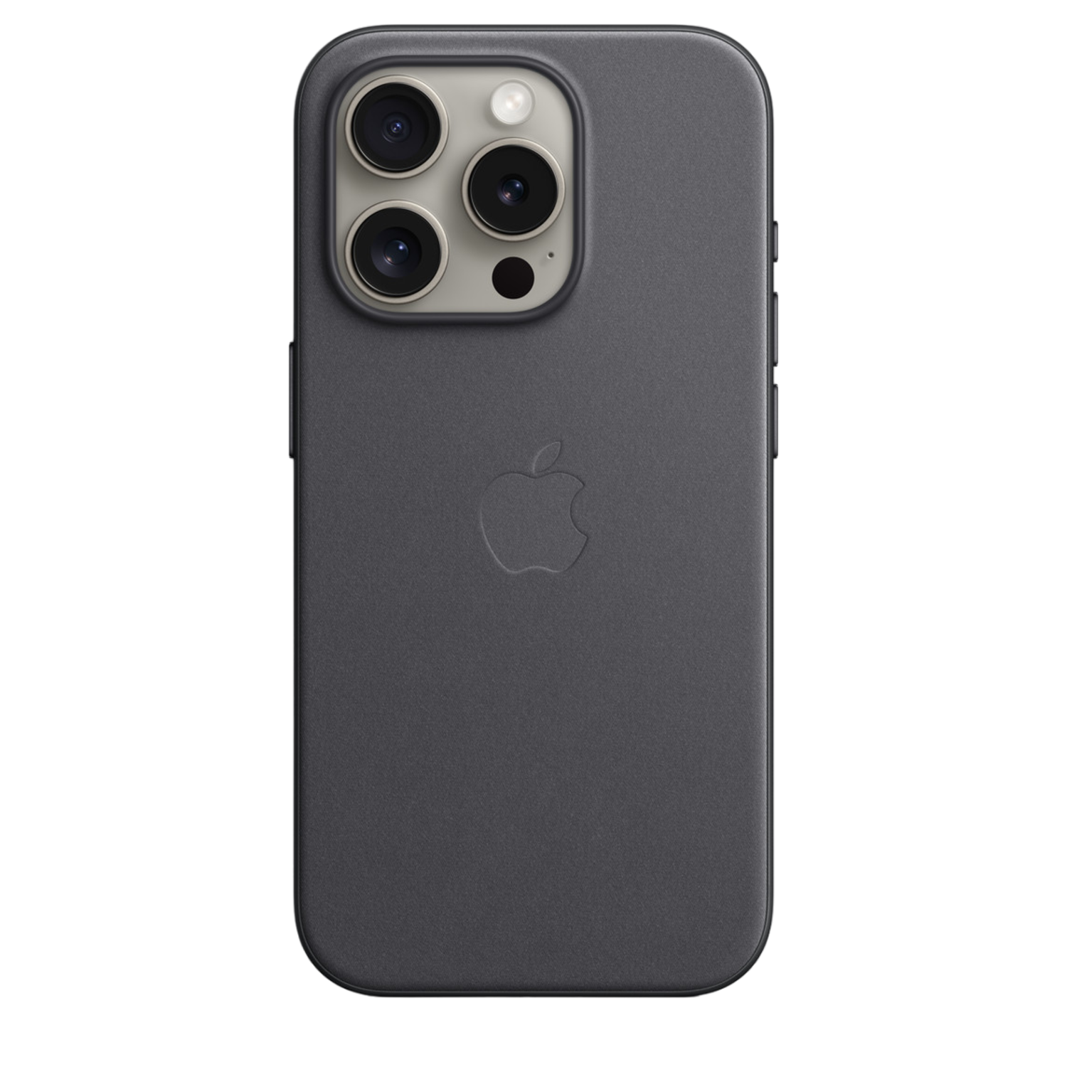 Donkergrijs iPhone hoesje, Apple logo en camera opstelling op zwarte achtergrond.