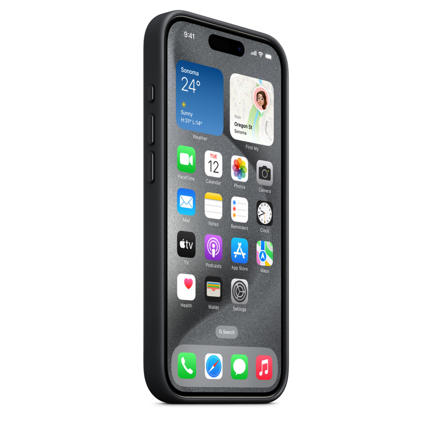 Een iPhone in een zwarte hoes, met het startscherm met apps en widgets.