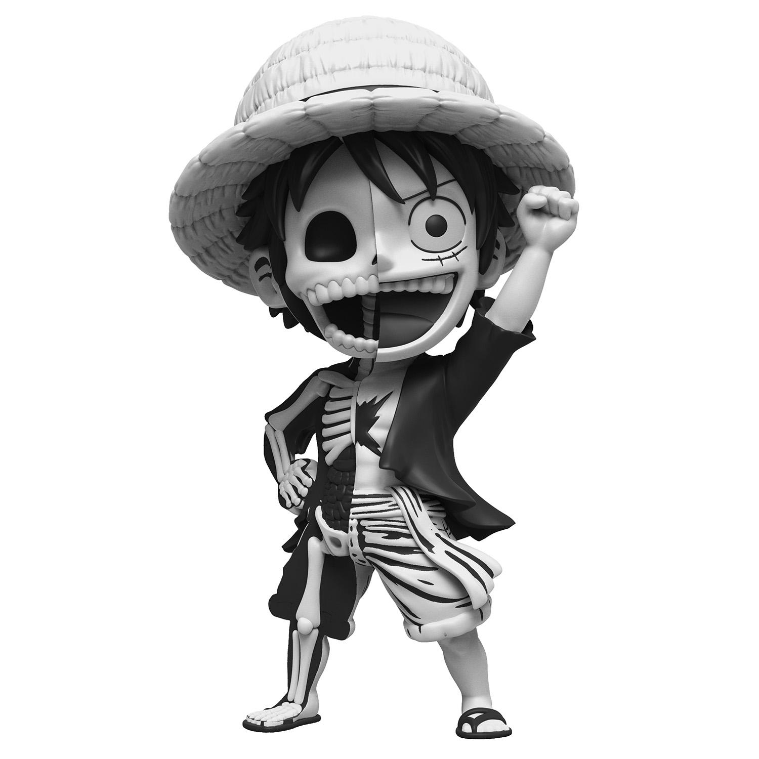 Eine Schwarz-Weiß-Figur einer Zeichentrickfigur mit Skelettkörper und Strohhut.