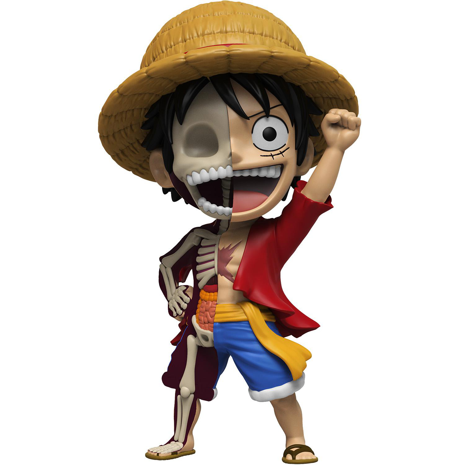 Eine Luffy-Figur, halb Skelett, trägt einen Strohhut und ein rotes Hemd und reckt die Faust.