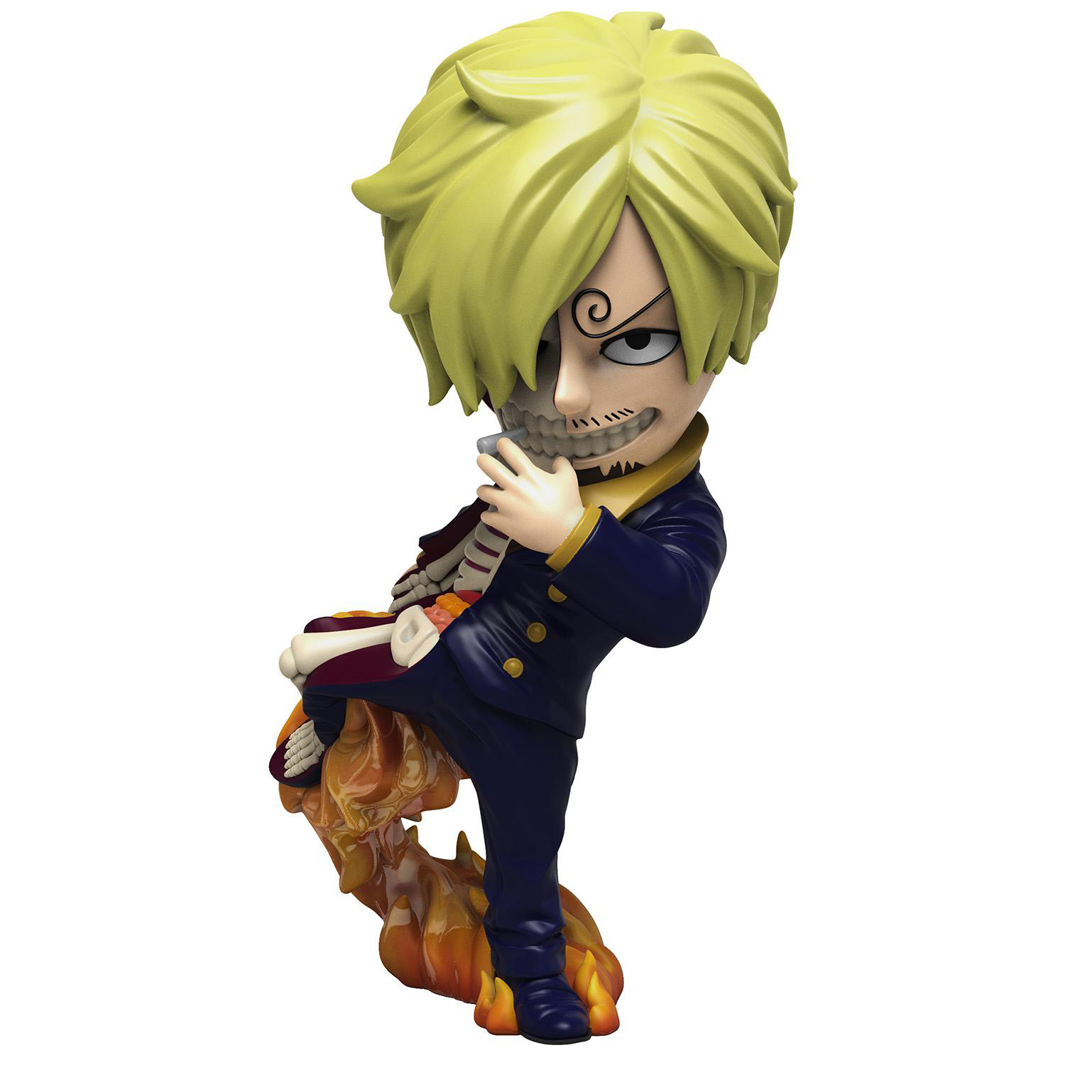 Eine Chibi-Figur von Sanji mit gelben Haaren, blauem Anzug und Feuerbasis.