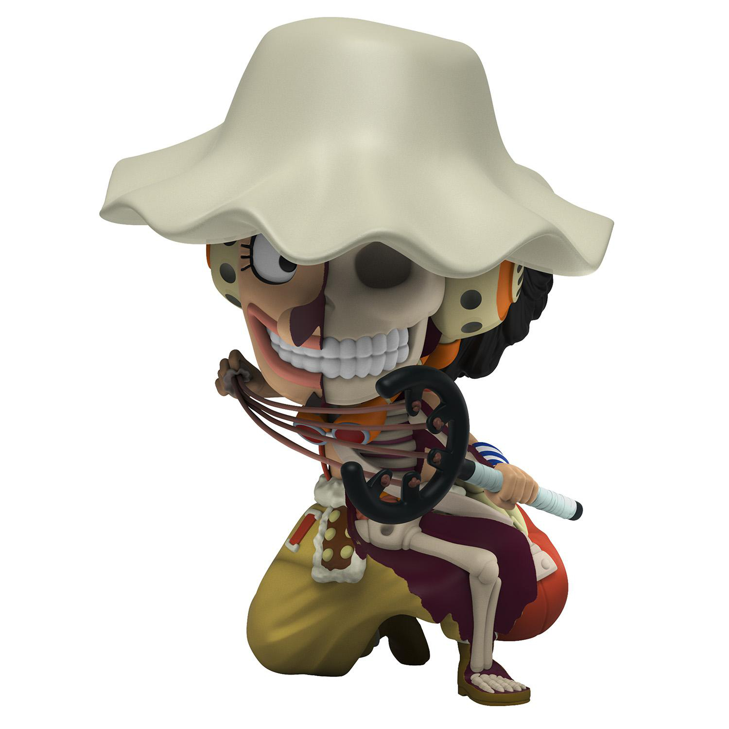 Usopp-Figur von One Piece. Halber Körper Skelett. Trägt Hut und hält eine Schleuder.
