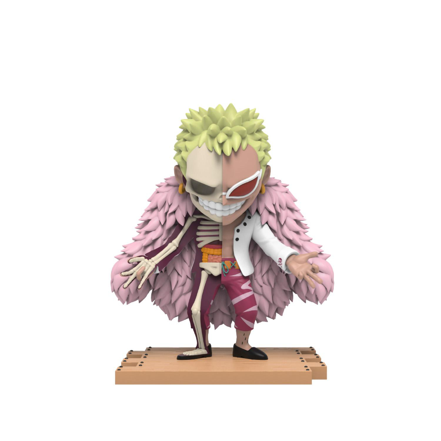 Eine Doflamingo-Figur, halb Skelett, halb normal. Sie steht auf einer Holzplattform. Weißer Hintergrund.