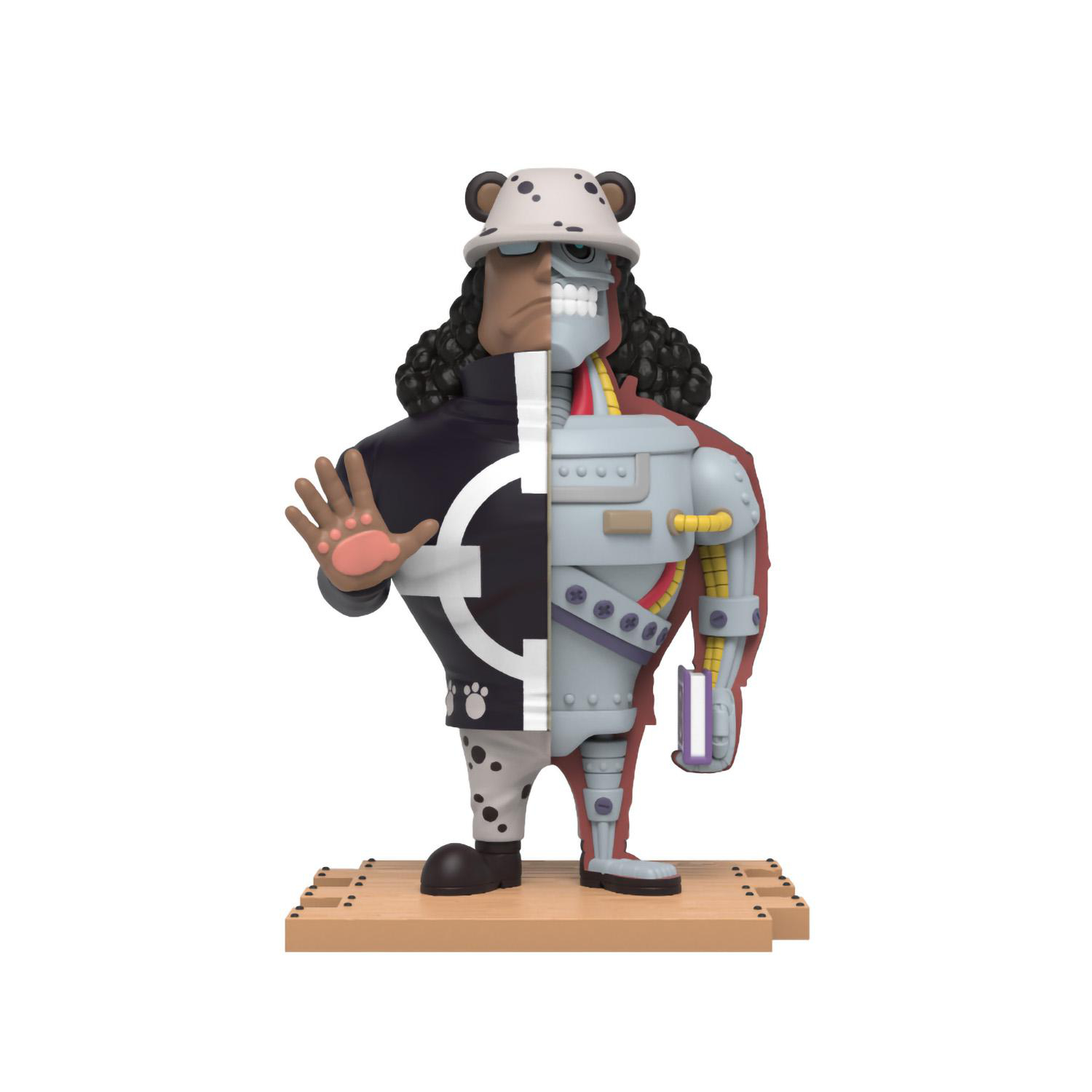 Zweigesichtige Figur eines Roboters und eines Menschen. Halb Roboter, halb Mensch, auf Holzsockel.