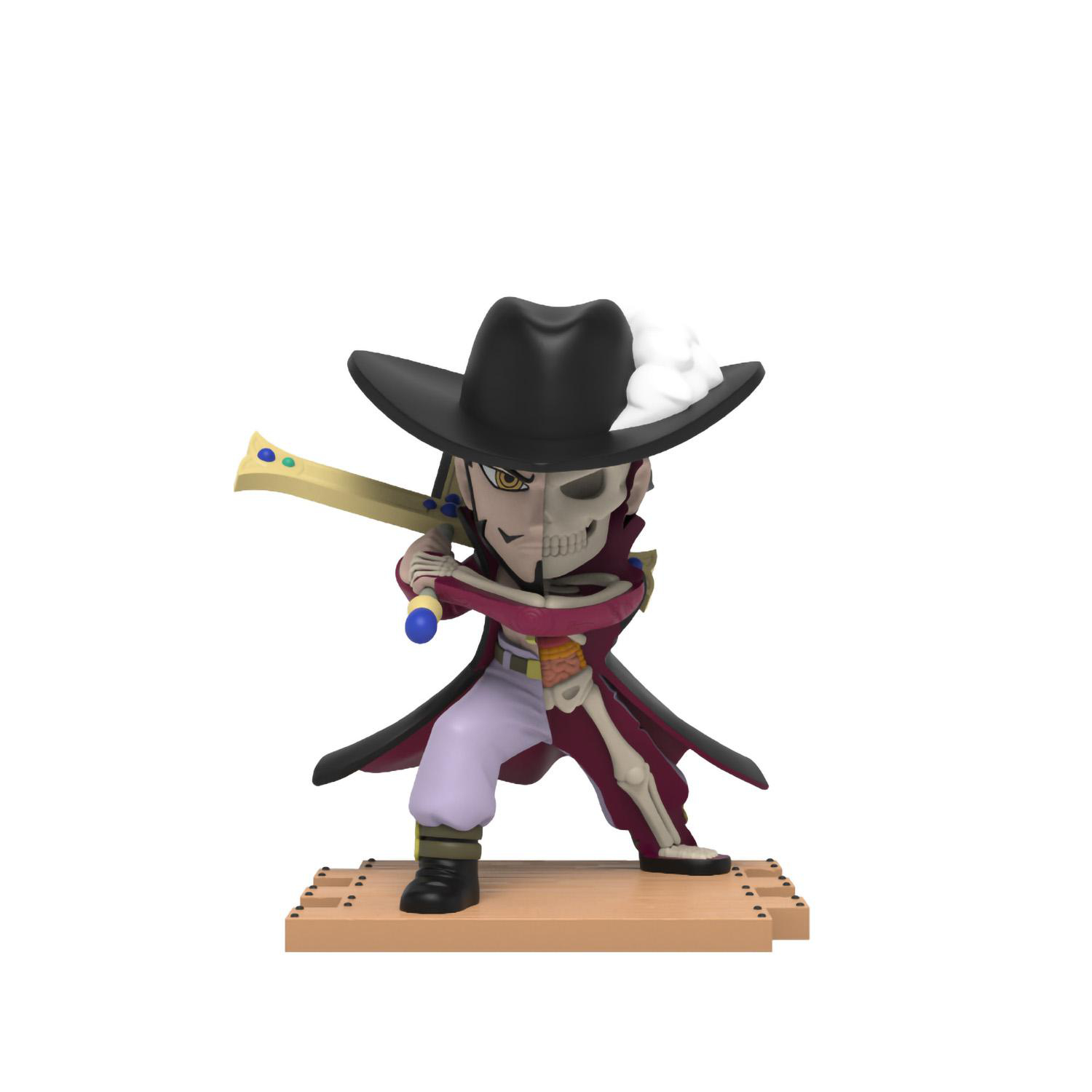 Anime-Figur, halb Skelett, halb Fleisch mit Hut und Schwert, auf Holzsockel.
