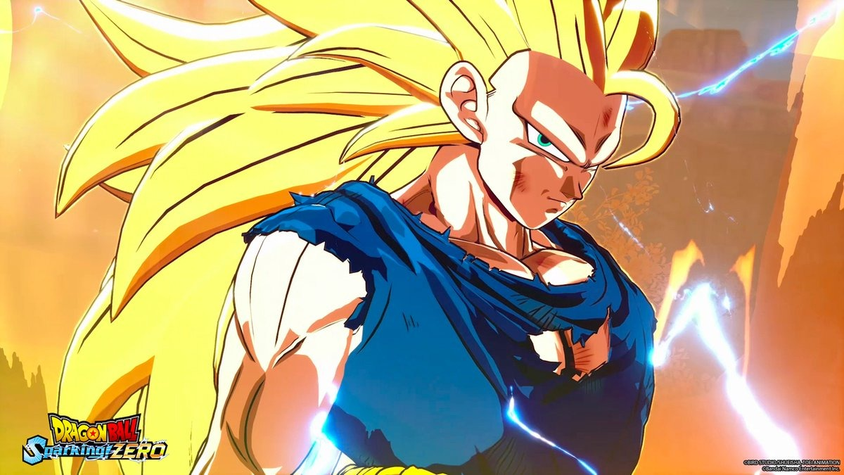 Anime character with long yellow hair and blue outfit with energy.