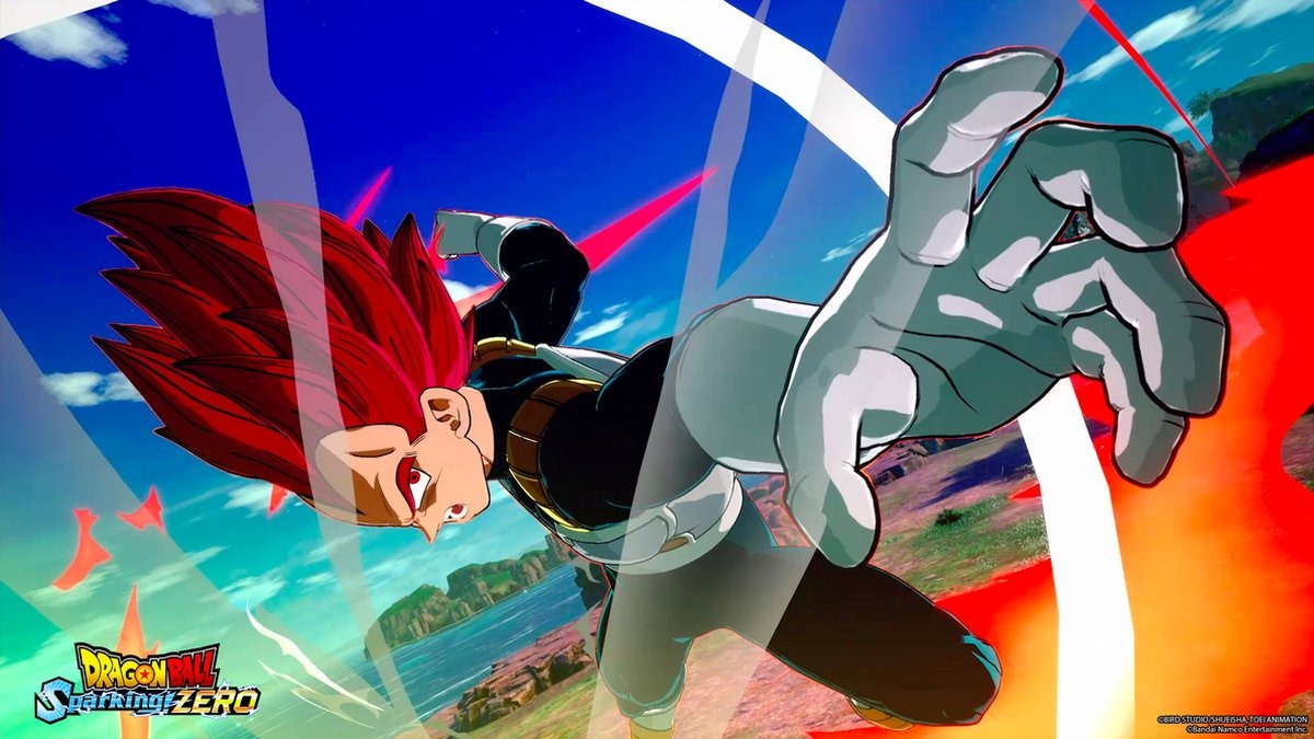 Anime character with red hair in fighting pose, background with blue and red effects.