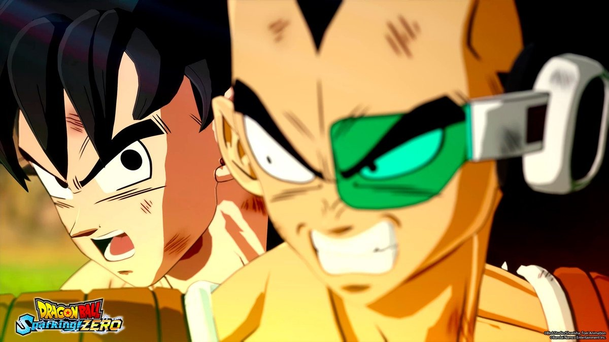 Two Dragon Ball Z characters, Goku and Raditz, in an animated scene.