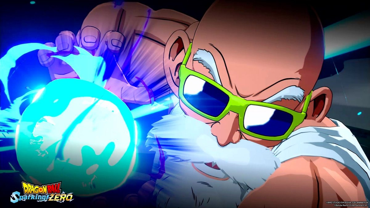 Close-up image of an anime character, a bald man with green glasses, holding a blue ball.