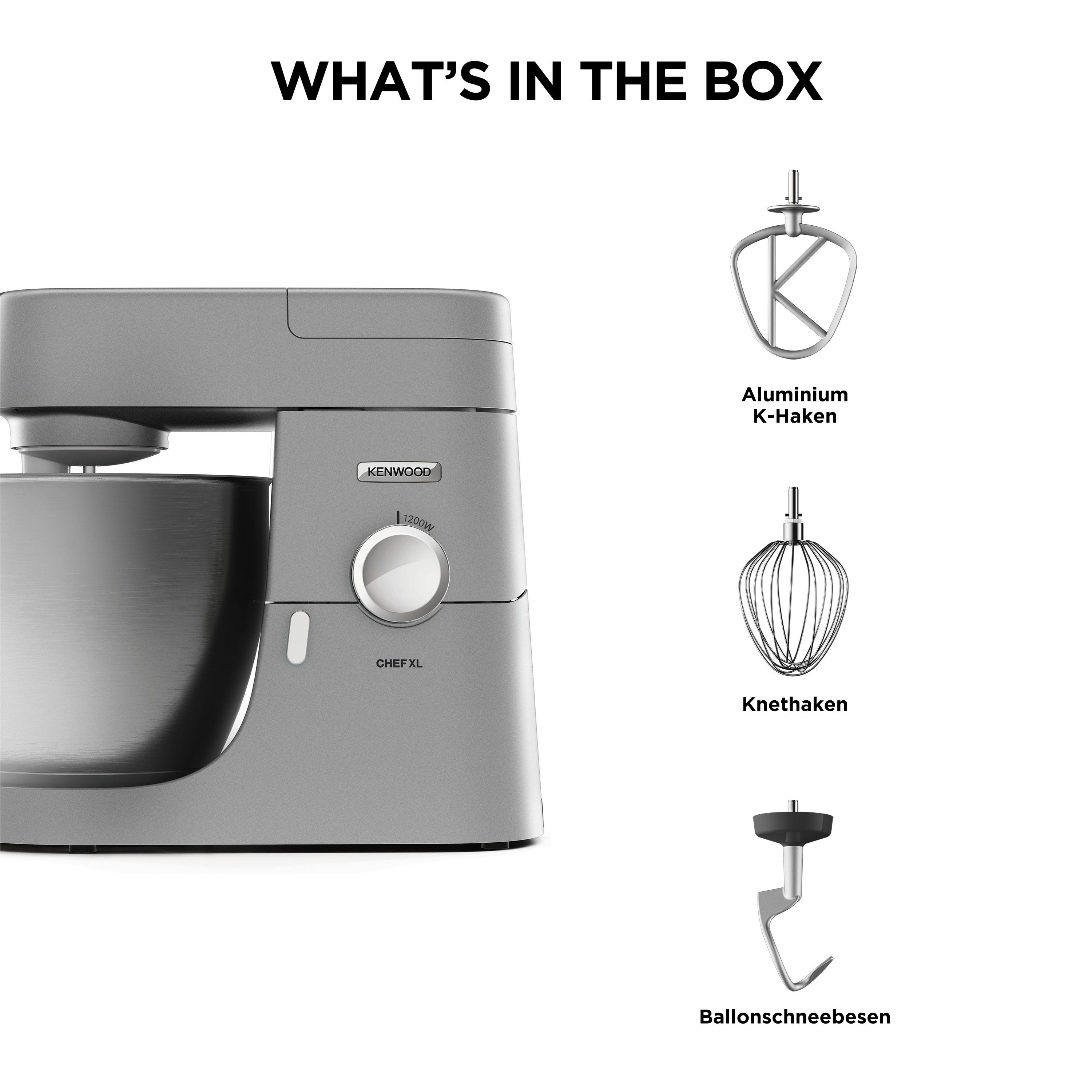Silberner Küchenmixer mit drei Aufsätzen, beschriftet "Aluminium K-Haken", "Knetthaken" und "Ballonschneebesen".