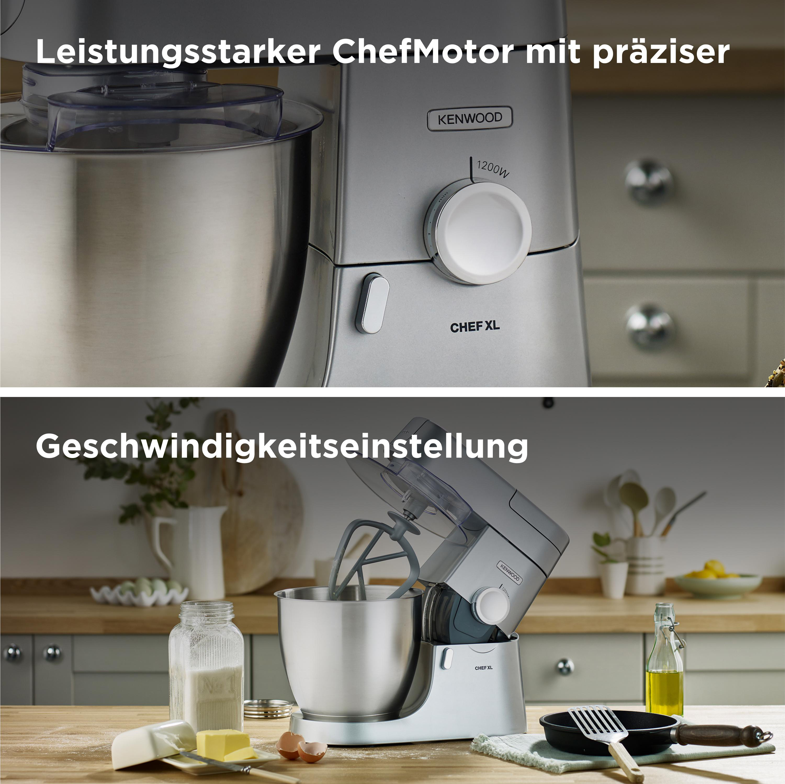 Nahaufnahme des Kenwood Chef XL Küchengeräts, zeigt Einstellungen und Aufsätze.