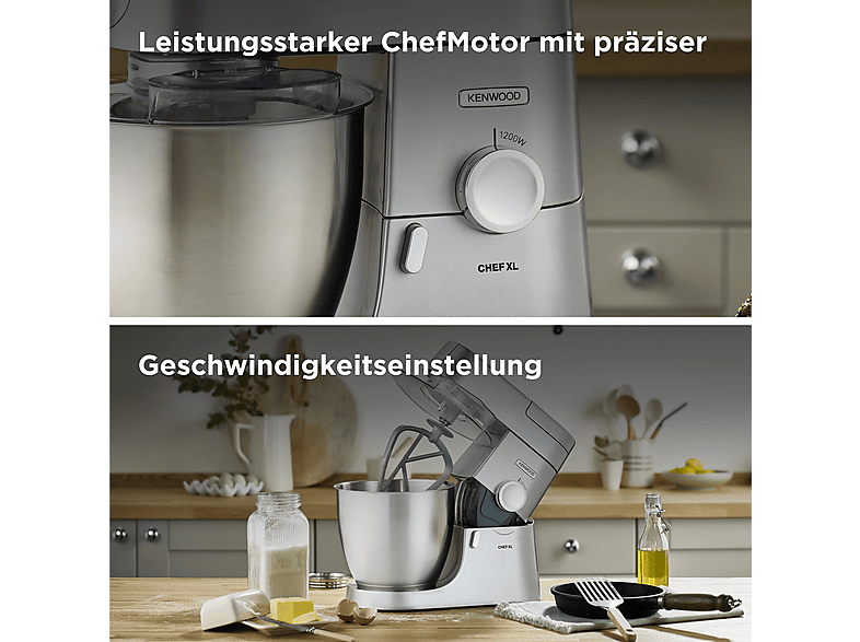 KENWOOD Chef XL KVL4100S mit planetarischem Rührsystem, Impulsstufe, Patisserie-Set, Küchenmaschine Silber (Rührschüsselkapazität: 6,7 l, 1200 Watt)