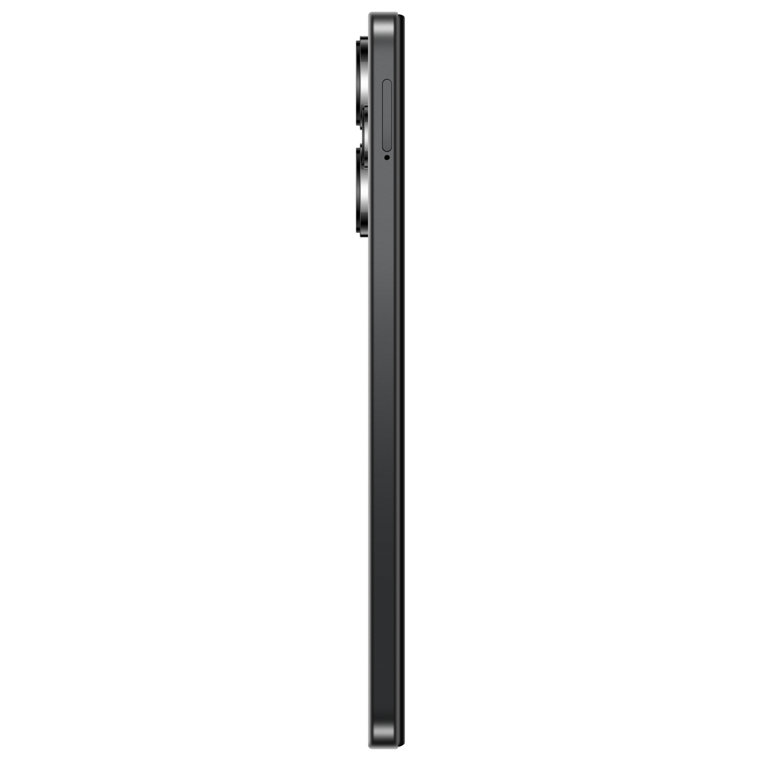 Zijaanzicht van een zwarte smartphone met cameralenzen en zichtbare knoppen.
