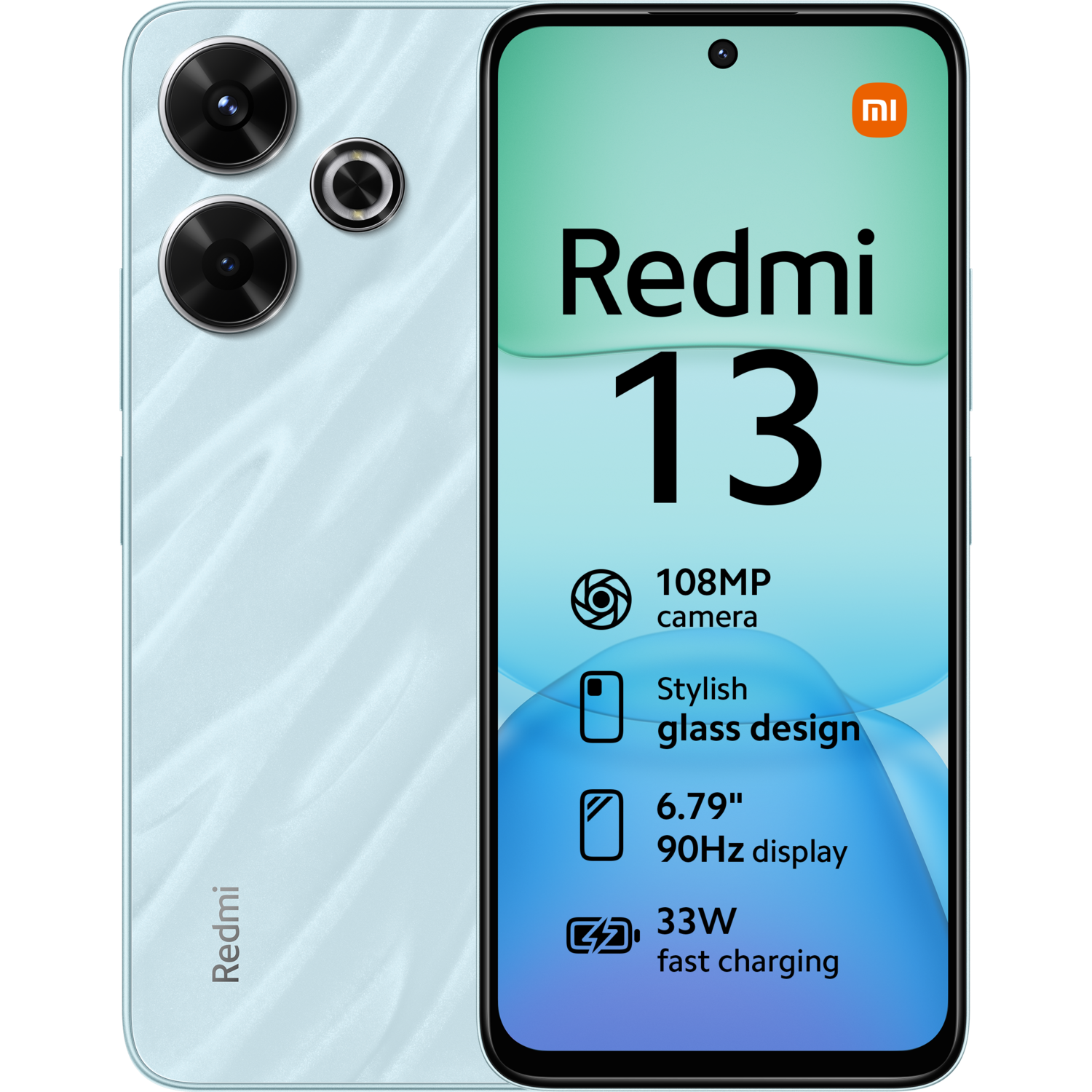 Lichtblauwe Redmi 13 smartphone met drievoudige camera, schermspecs en marketingtekst.