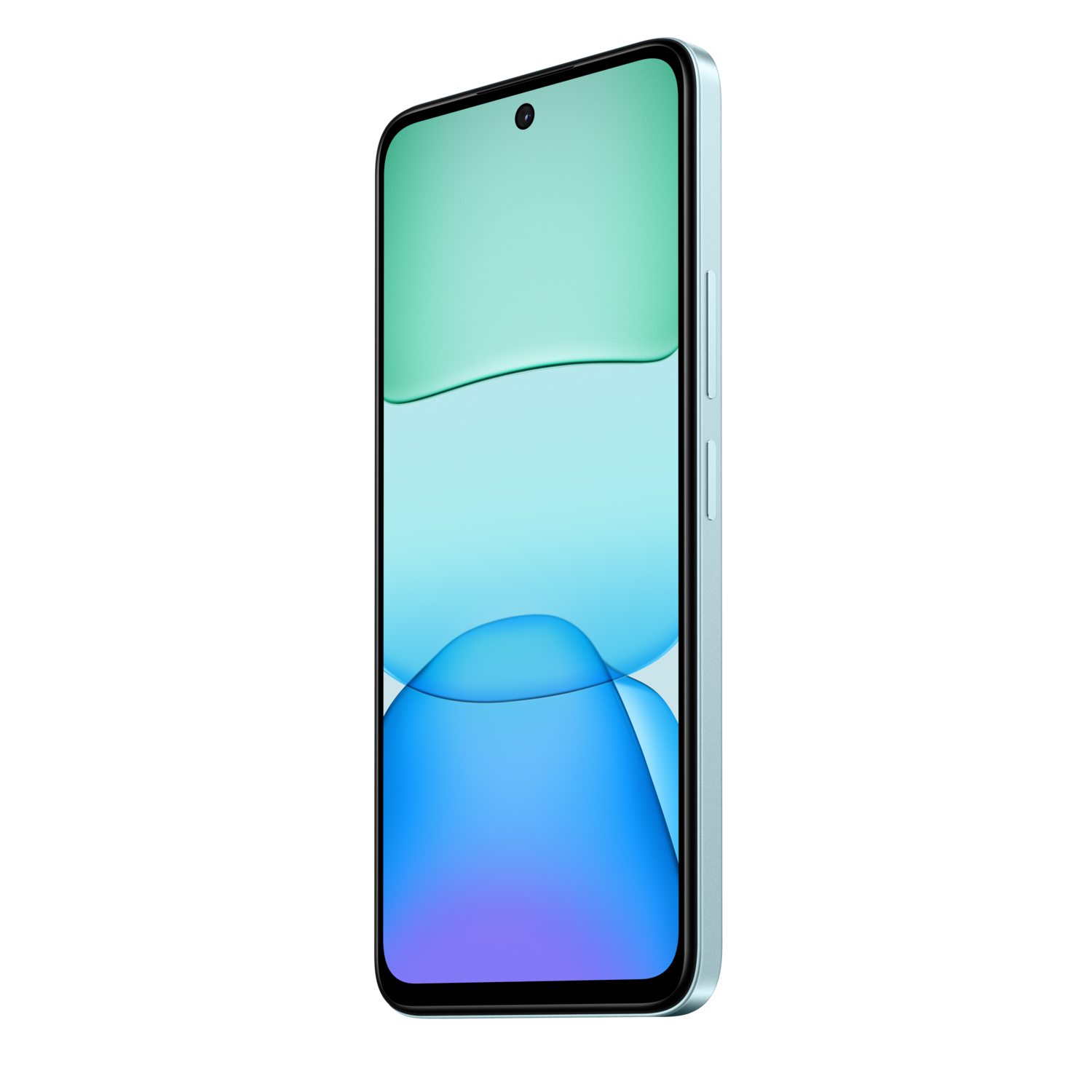 Lichtblauwe smartphone met scherm dat abstracte blauwe en groene golven toont.