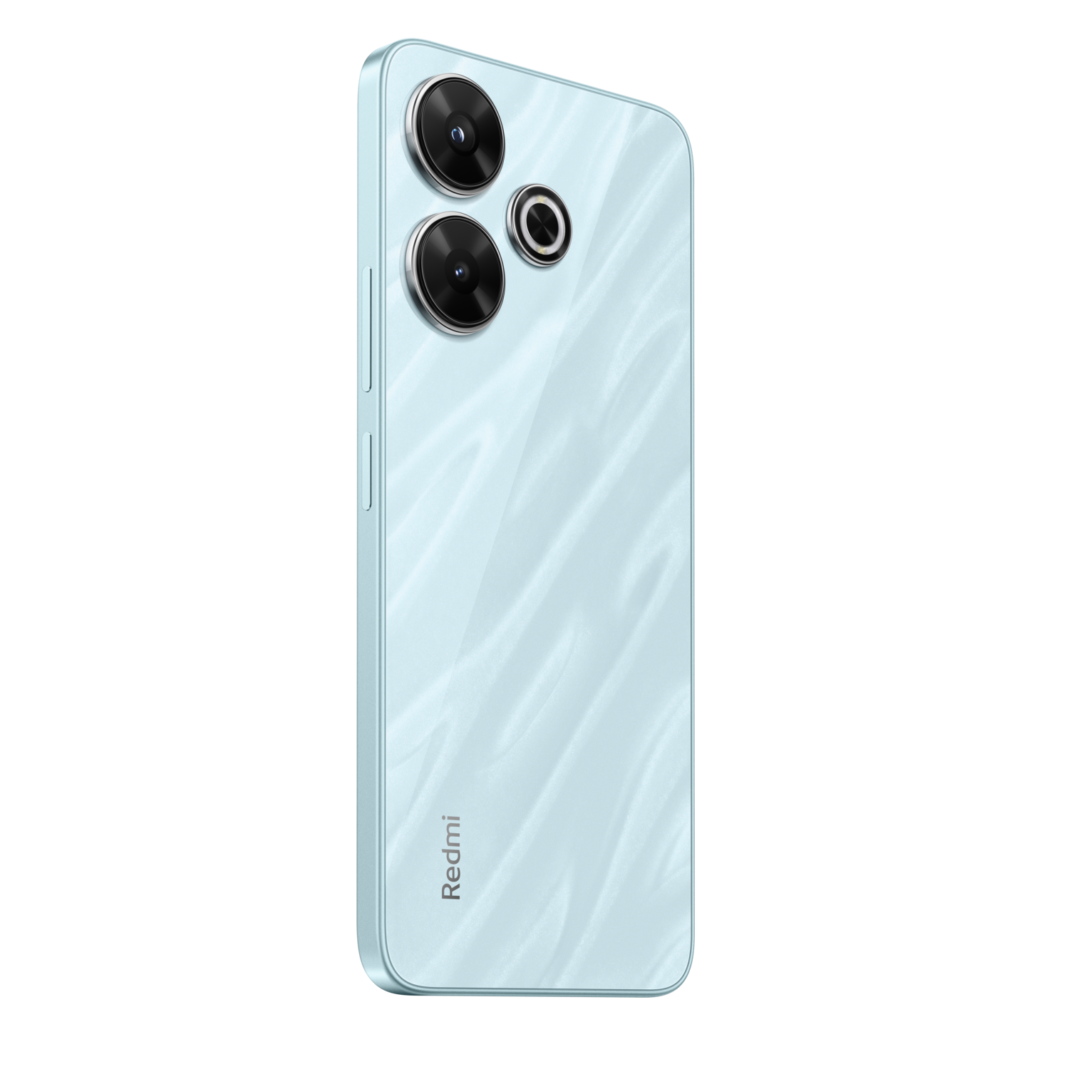 Lichtblauwe Redmi-telefoon met drievoudige camera, stijlvol en modern.