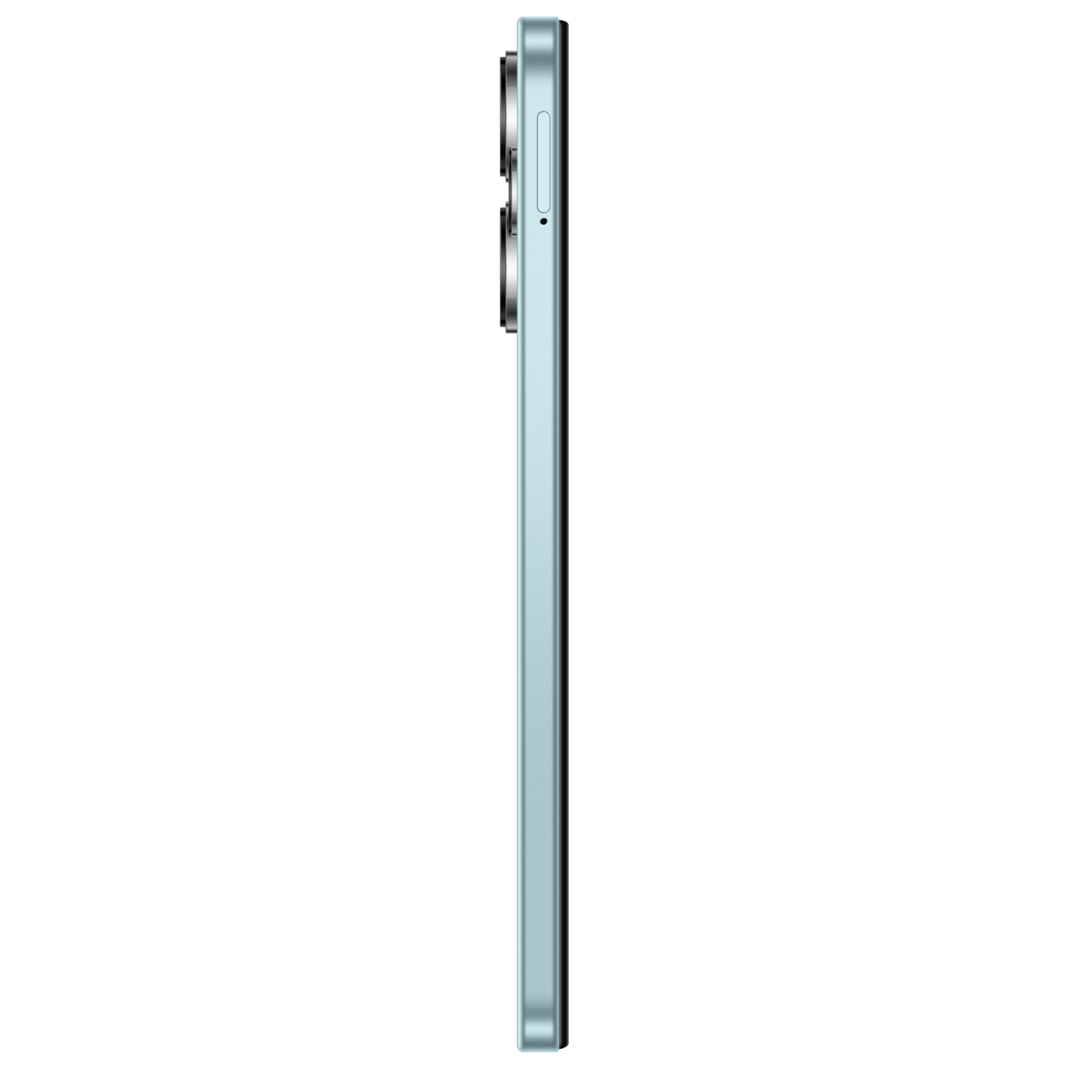 Zijaanzicht van een lichtblauwe smartphone, met cameralenzen en zichtbare knoppen.