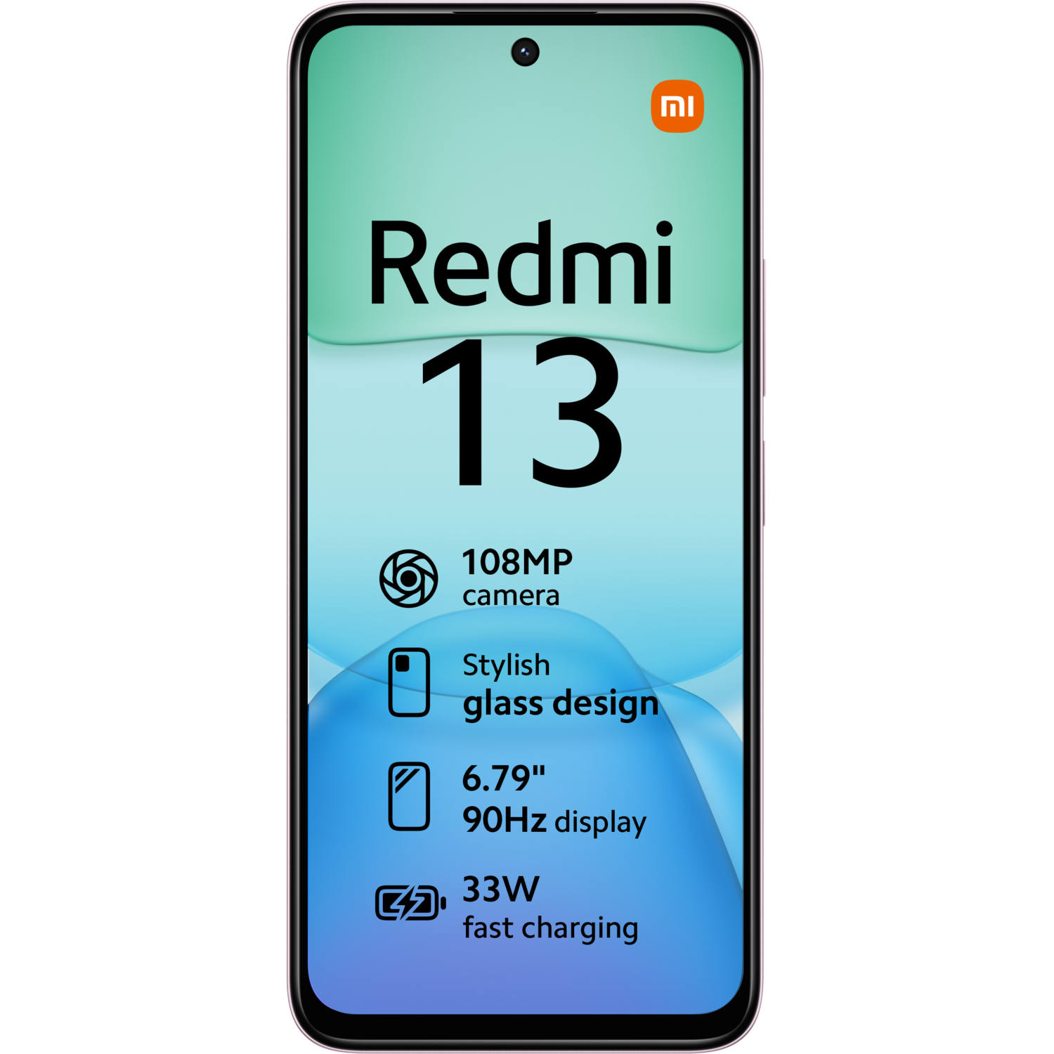 Redmi 13 smartphone scherm met tekst en iconen op een zwarte achtergrond.