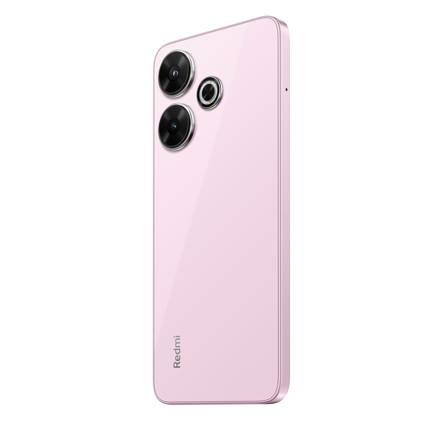 Een roze smartphone met cameralenzen, gezien vanuit een schuin achteraanzicht.