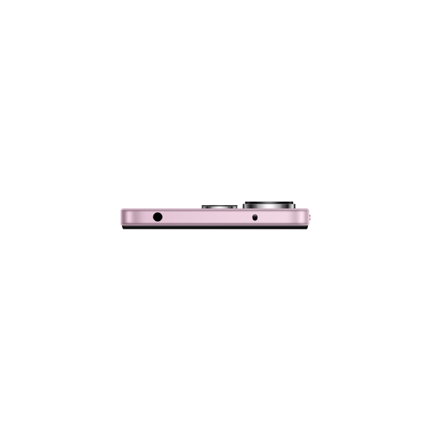 Een roze telefoon met een koptelefoonaansluiting en cameralenzen, tegen een zwarte achtergrond.
