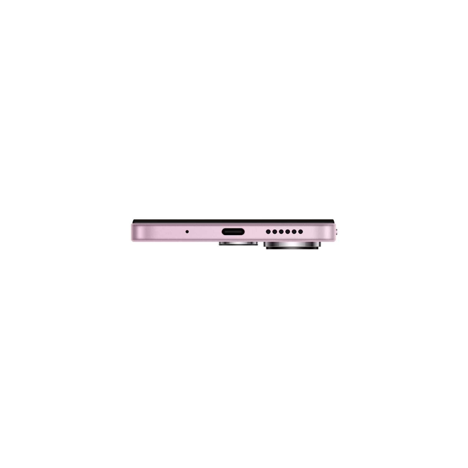 De onderkant van een roze telefoon met poorten en gaten tegen een zwarte achtergrond.