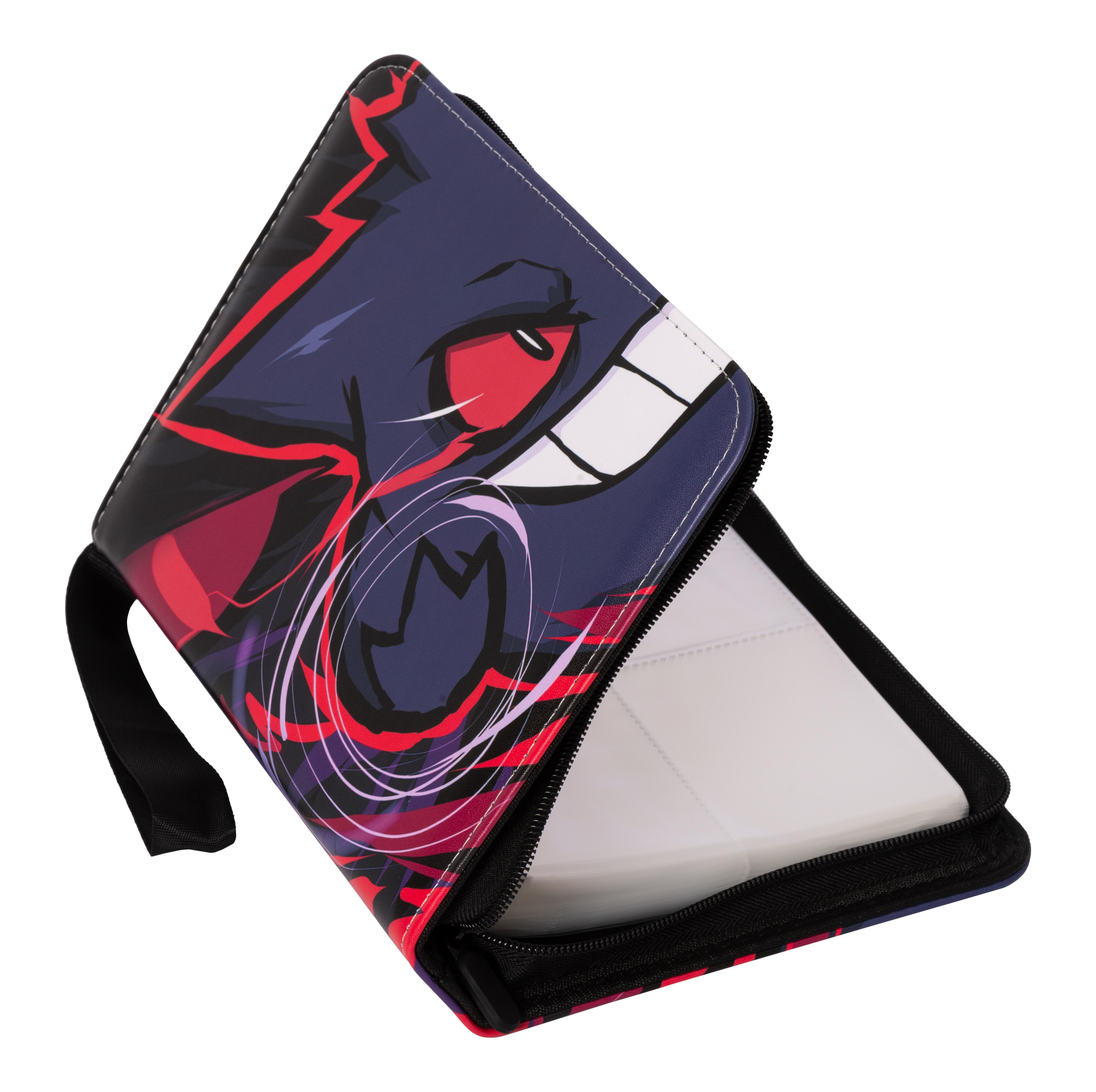 Ein Pokemon-Kartenordner mit Gengar-Design, geöffnet, um Kartenfächer zu zeigen.