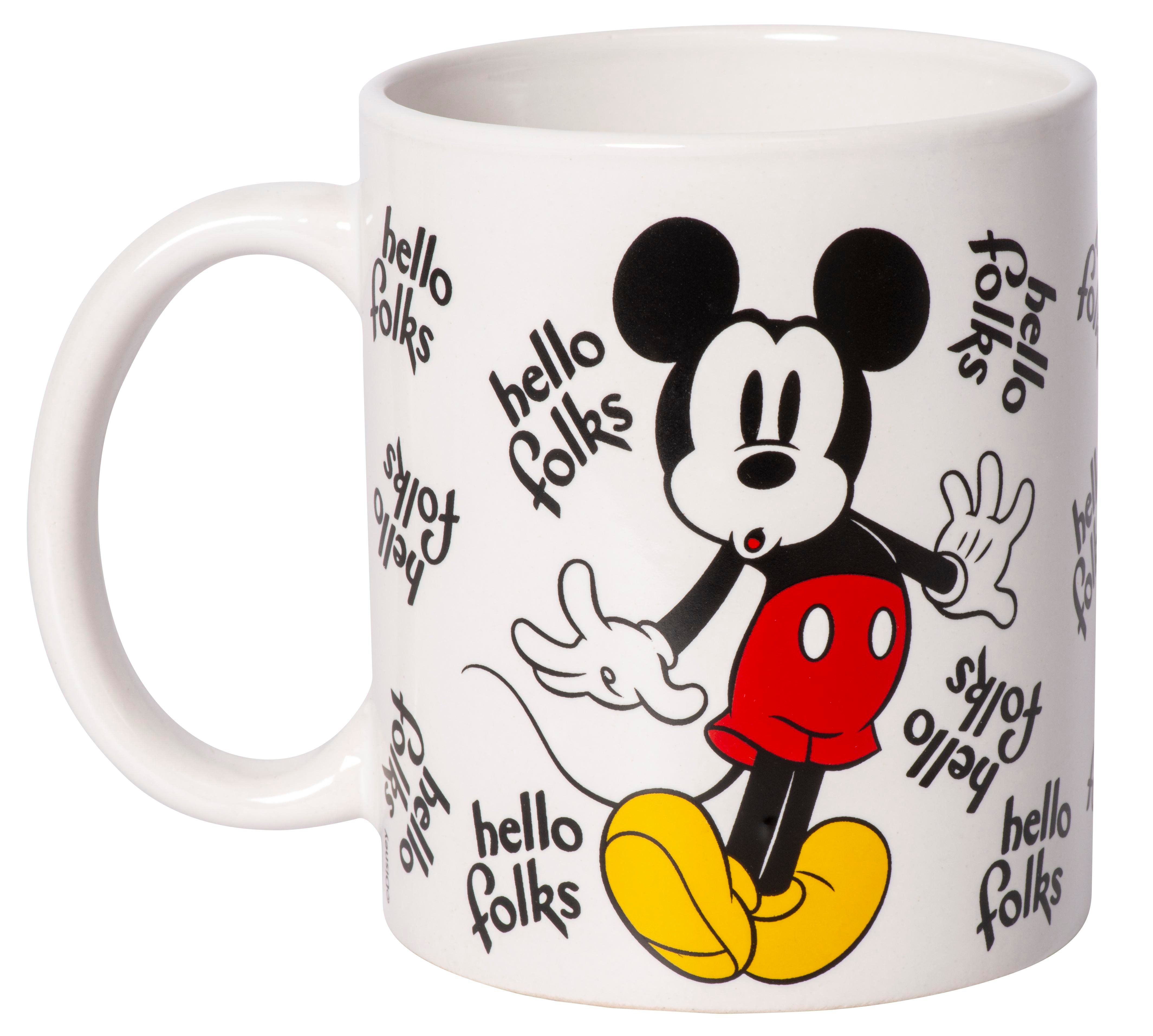 Mickey Mouse Tasse mit "Hallo Leute" Text. Weißer Hintergrund.