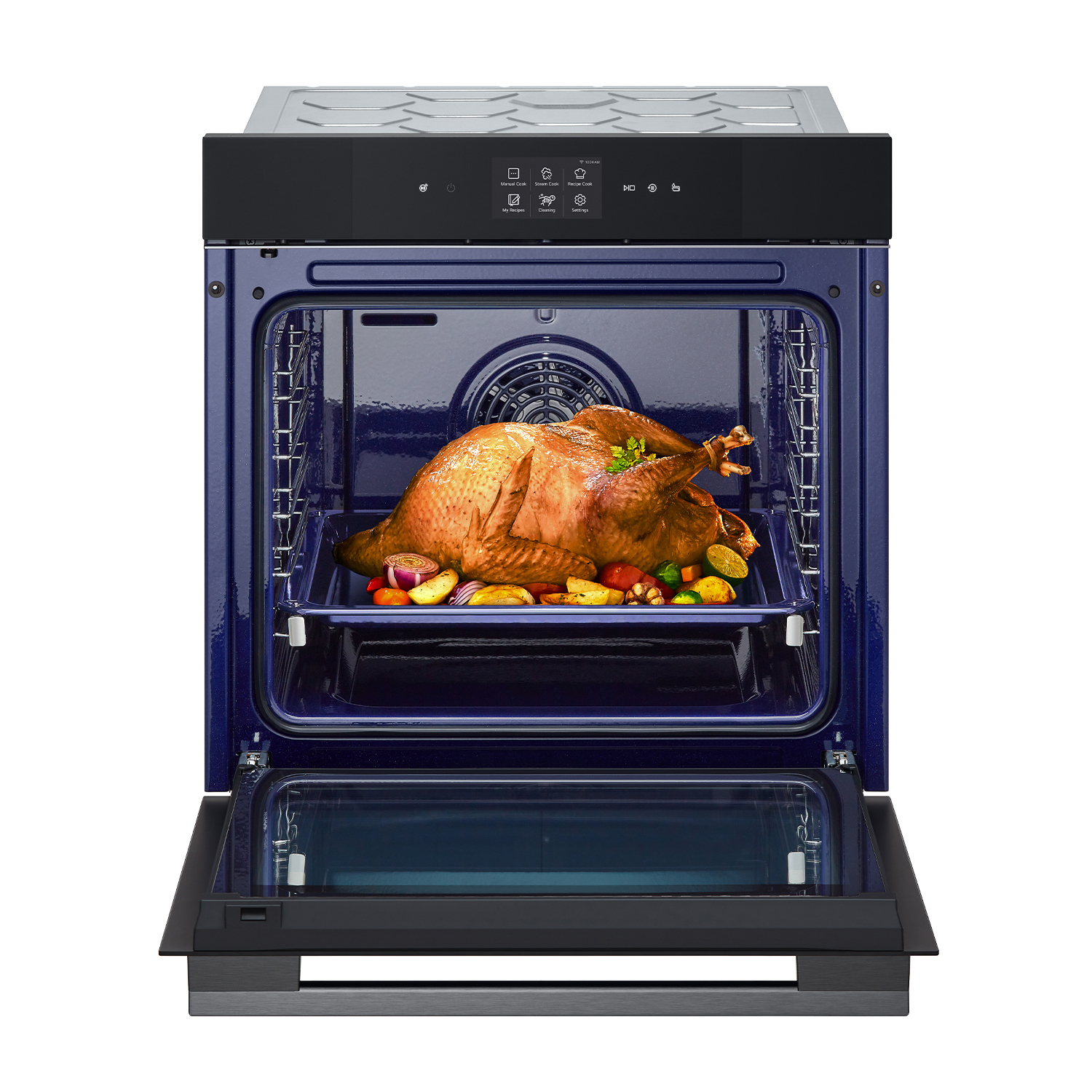 Un forno aperto con un tacchino cotto e verdure all'interno.