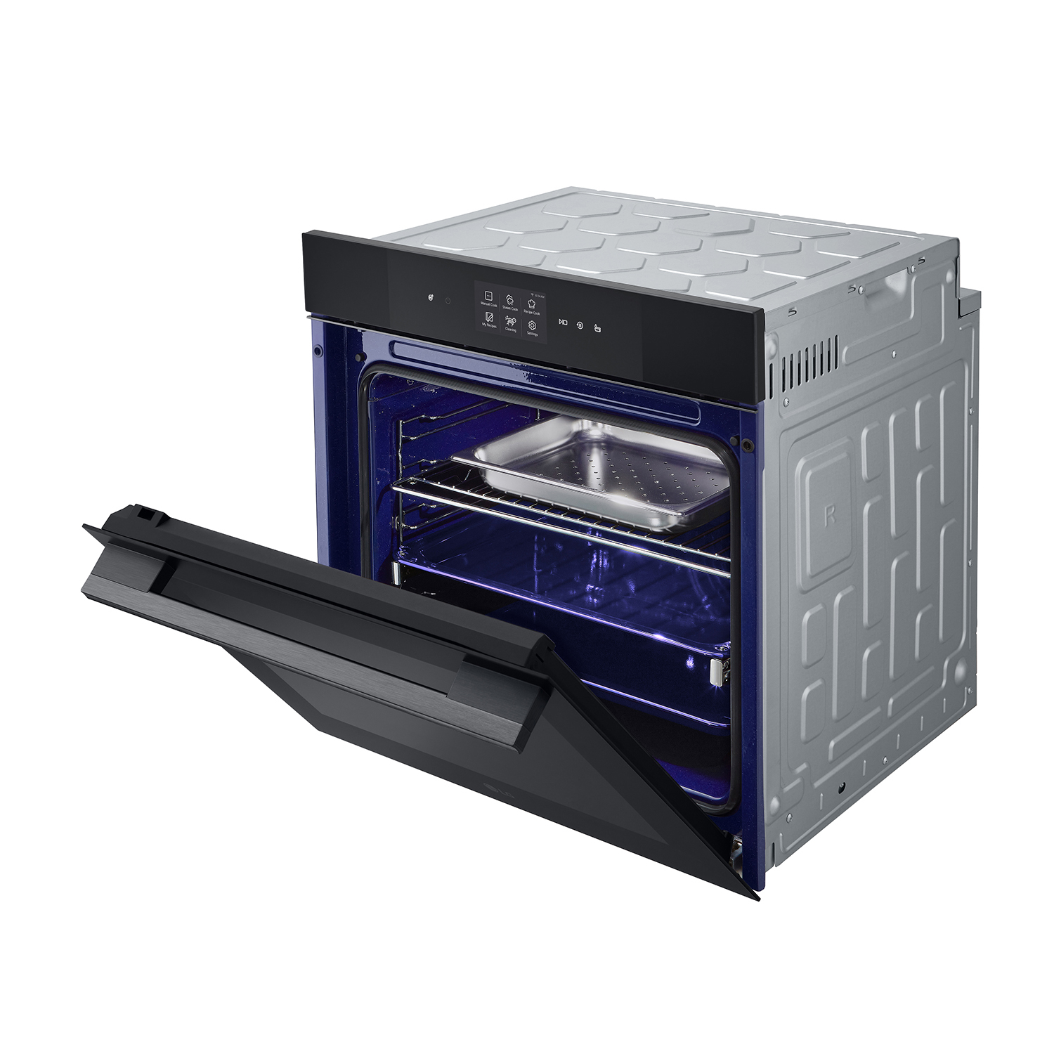 Un forno aperto, interno visibile con vassoio e illuminazione blu, la porta aperta.