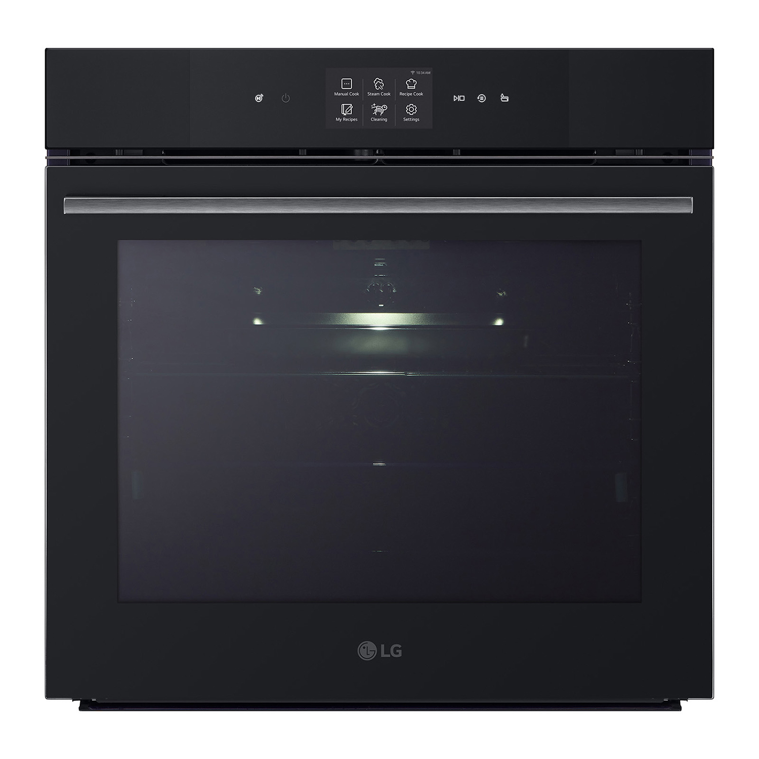 Un forno LG nero con porta a vetro e pannello di controllo. Ha un display digitale.