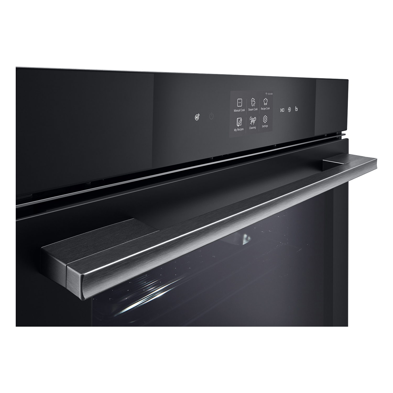 Forno nero, primo piano del pannello di controllo e della maniglia.