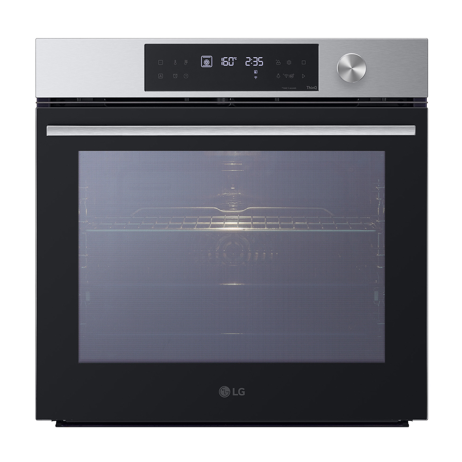 Forno LG nero con display digitale che mostra le impostazioni. La porta del forno è chiusa.