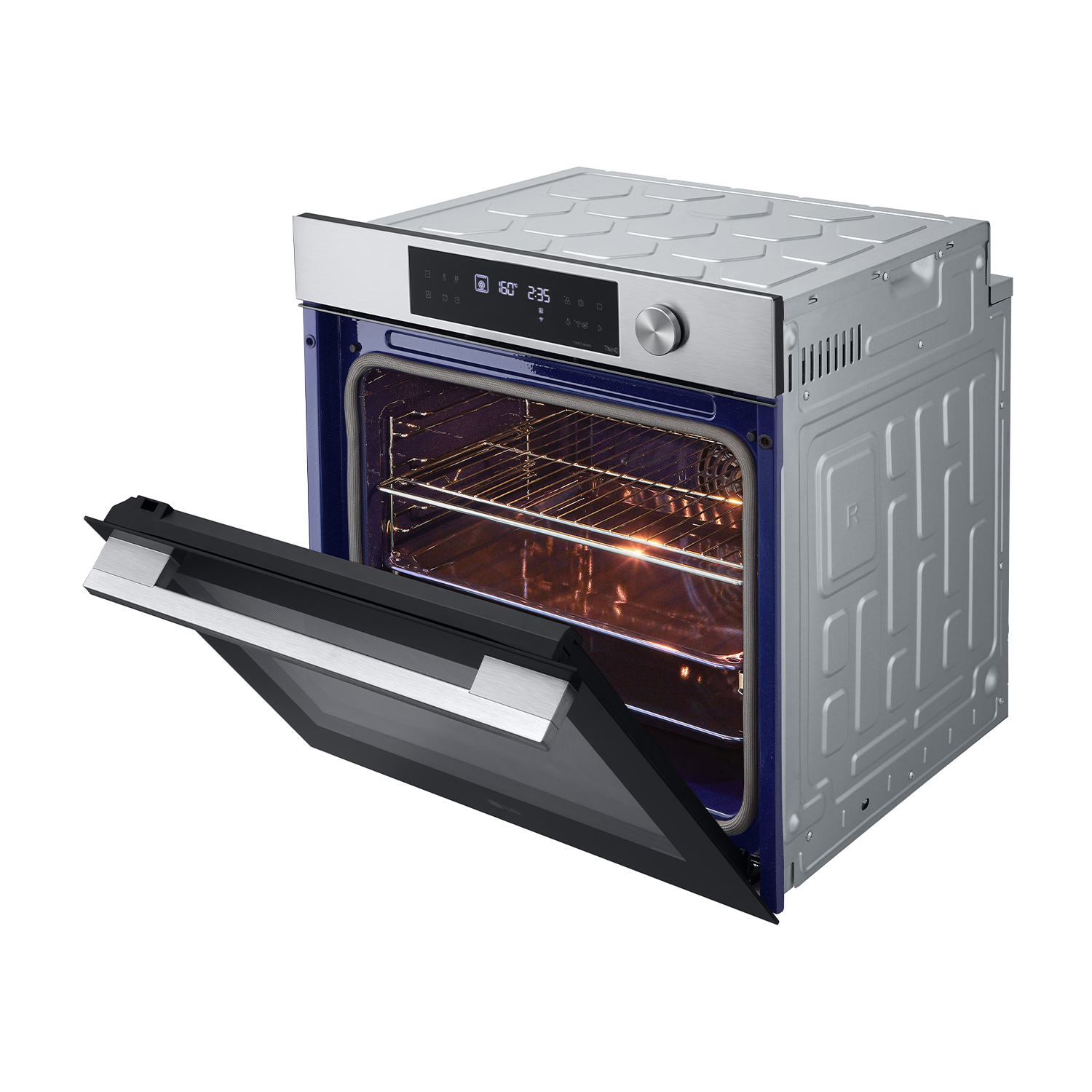 Forno in acciaio inossidabile con porta aperta. All'interno, una griglia e un display digitale mostrano le impostazioni.