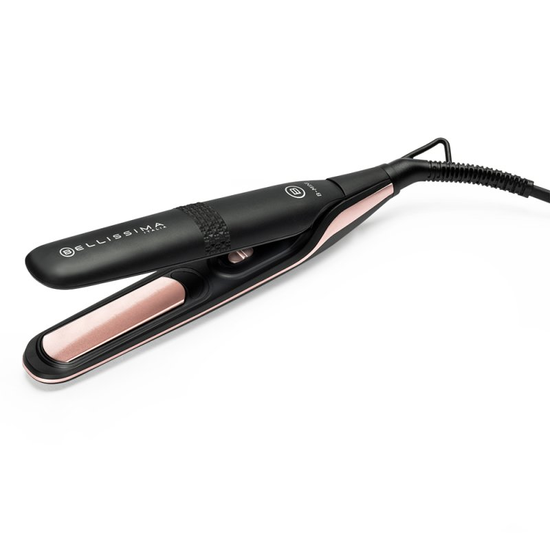 Plancha de pelo negra y oro rosa sobre fondo blanco. Muestra la marca y las placas.