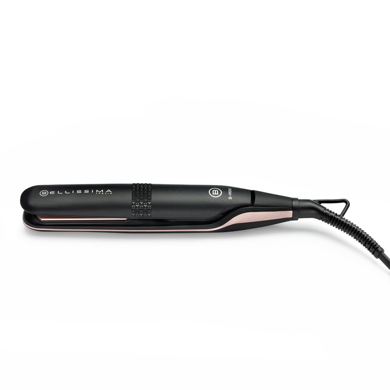 Plancha de pelo negra con detalles en oro rosa. Marca y número de modelo visibles.