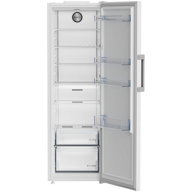 Refrigerador blanco con puerta abierta, mostrando estantes, cajones y etiqueta 'Air Flow'.