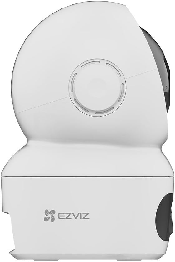 Una cámara de seguridad blanca con el logotipo de EZVIZ, vista desde un ángulo lateral.
